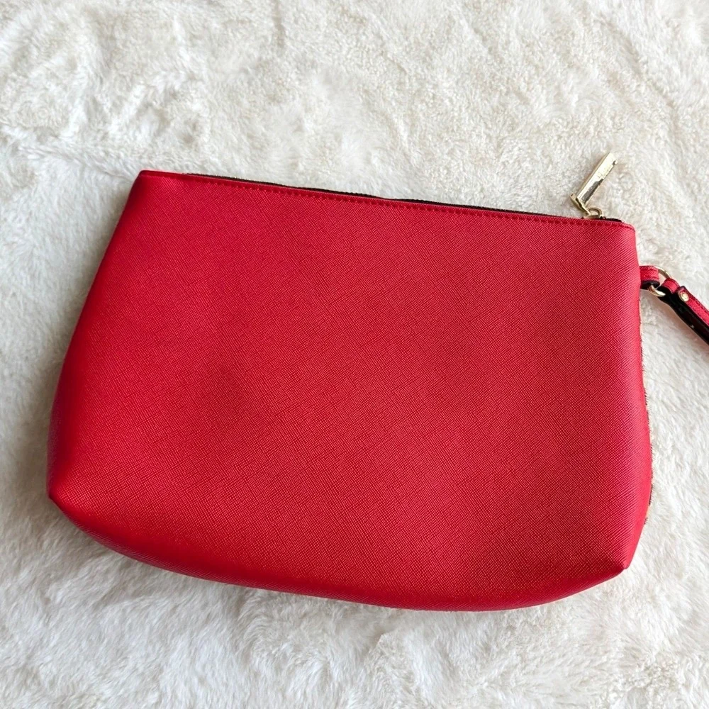 Dune London Leopard Print Calf Hair Crystal Wristlet Clutch Bag Red Accent